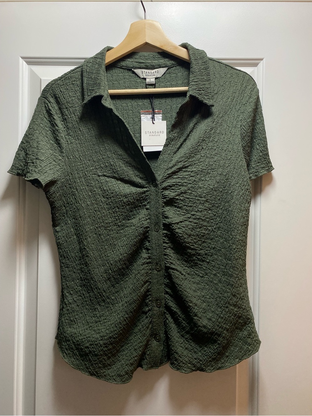 NWT Sanctuary Ruched Button Down Short Sleeve Green Collared Blouse L / Fits M